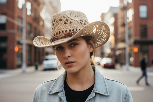 Straw cowboy hat with a brown band on a white background