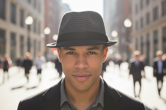 Houndstooth patterned fedora hat on a white background