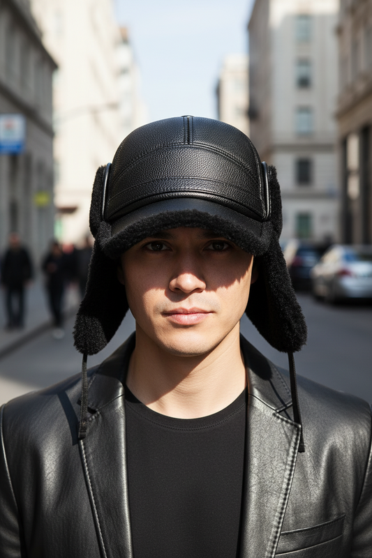 Black leather cap with ear flaps and fur brim on a white background