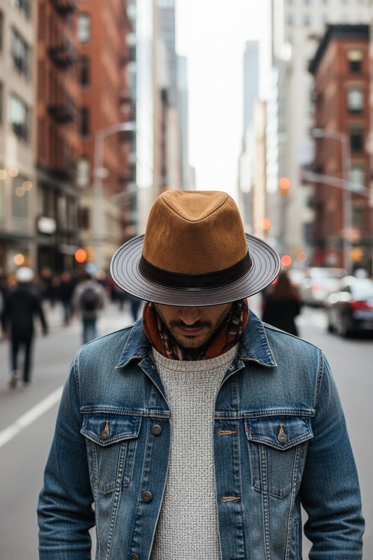 Brown suede fedora hat with black band on a white background