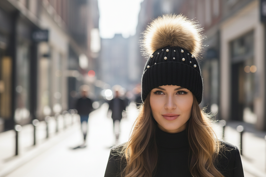 Black knit beanie with a large fur pom-pom on a white background