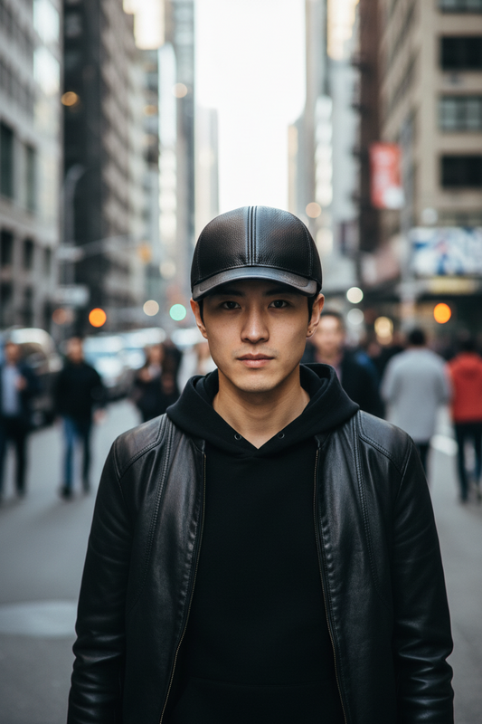 Black leather cap on a gray textured background