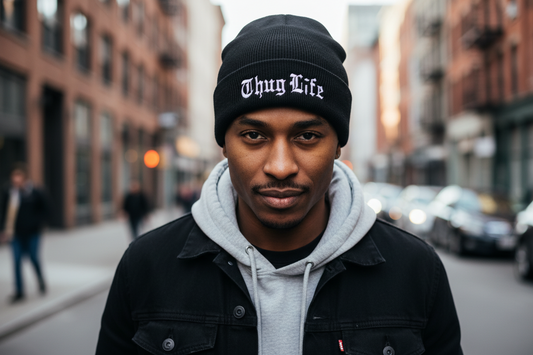 Black beanie with 'Thug Life' text on a white background