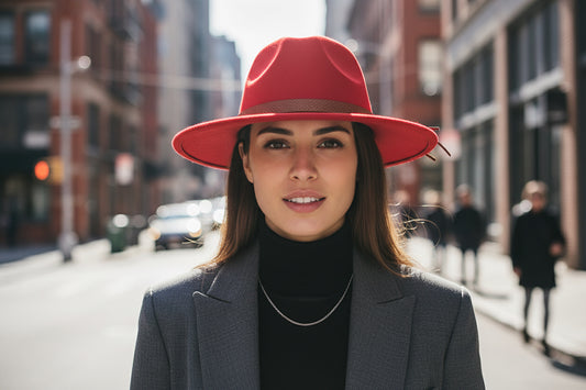 Red fedora hat with a brown band on a white background