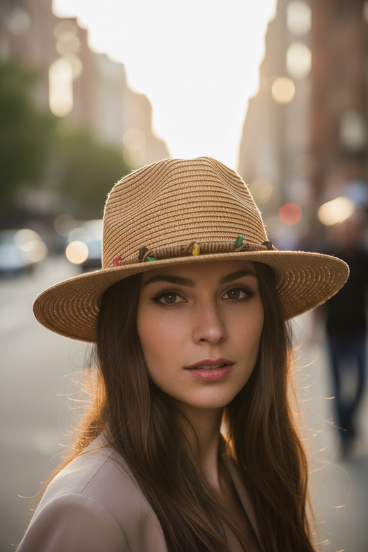 Beige straw hat with colorful tassels on a white background