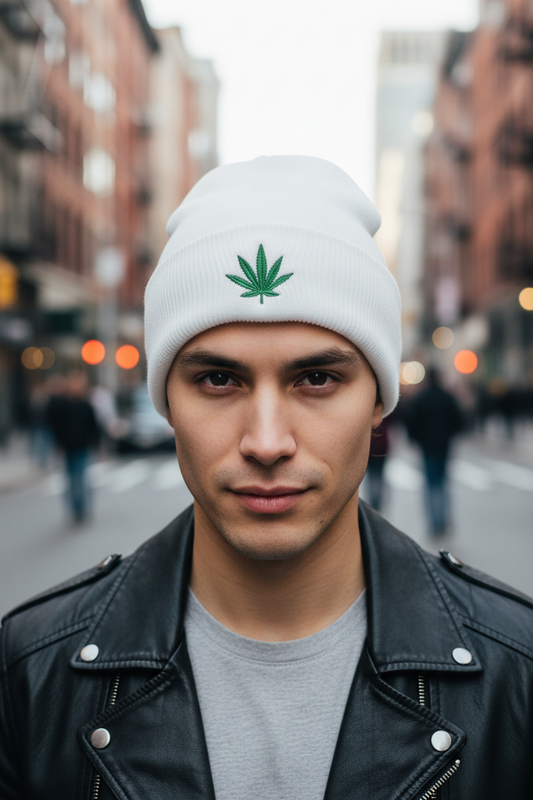 Black knitted hat with a green embroidered maple leaf on the front