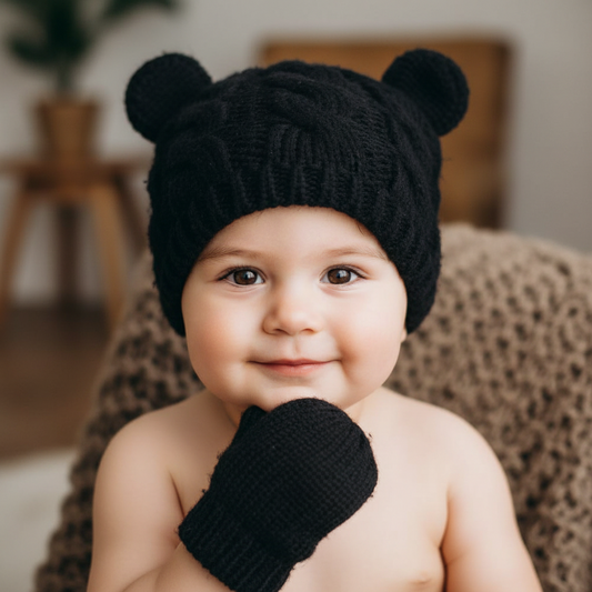 A gray knitted baby hat with small ears and a pair of matching mittens.