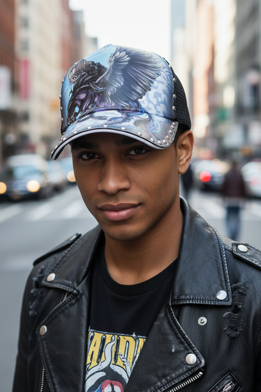 Baseball cap with a fantasy creature illustration in black, blue, and gray colors on the front.