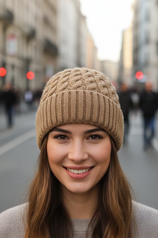 Brown knitted beanie on a light surface with a woven mat in the background