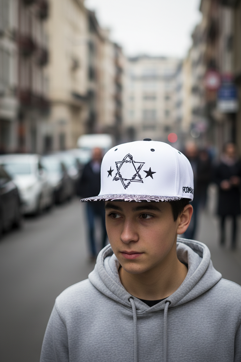 White cap with black patterns and text on a striped surface