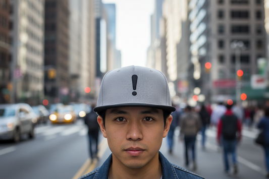 Gray and black cap with a black exclamation mark on a light gray background