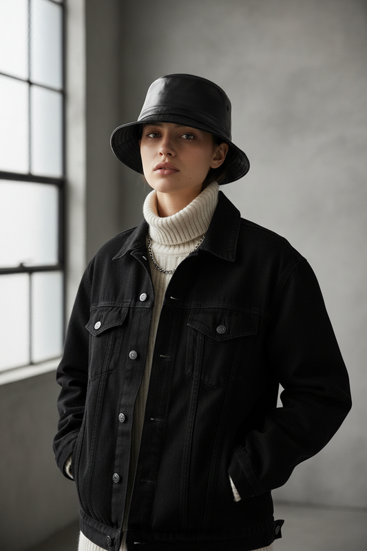 Mcguire Black Leather Fedora Hat with Sheepskin Lining