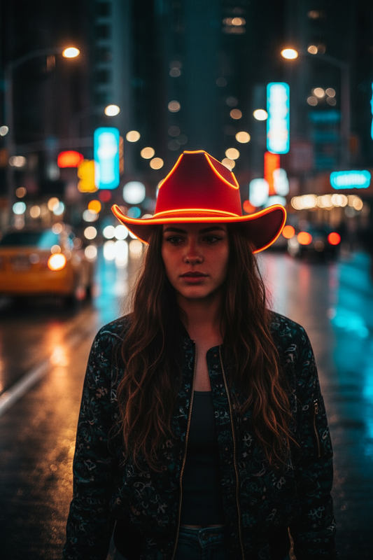Red hat with glowing orange trim on a dark background