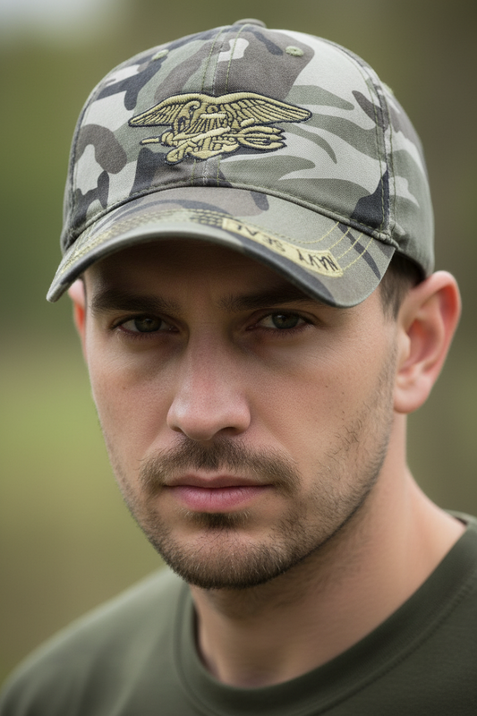 A camouflage patterned baseball cap with an embroidered eagle logo on the front, available in black, military, and camouflage colors.