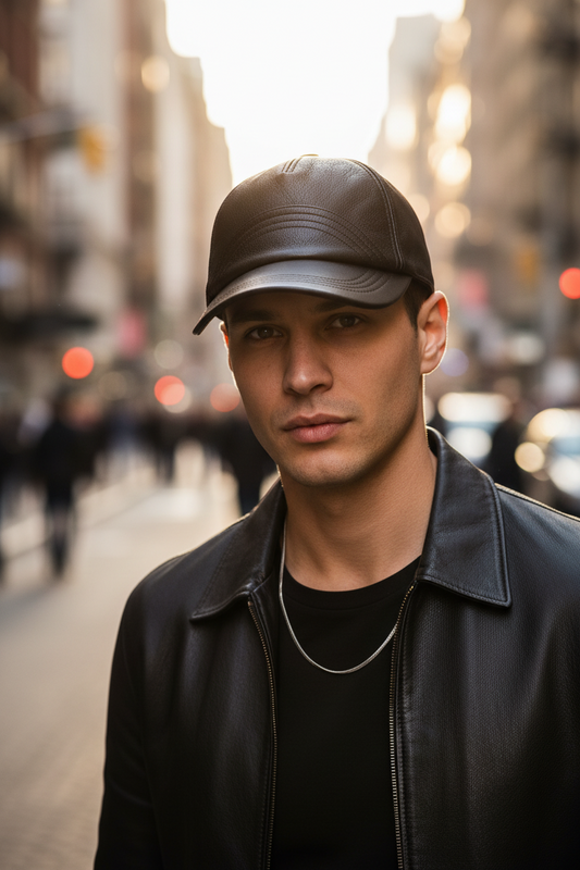 Black leather baseball cap on a white background