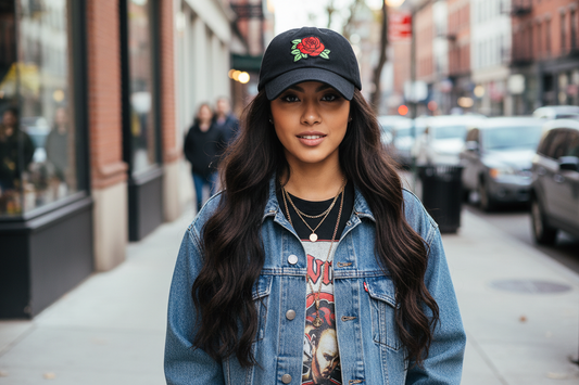 Black cap with a red rose embroidered on a white background