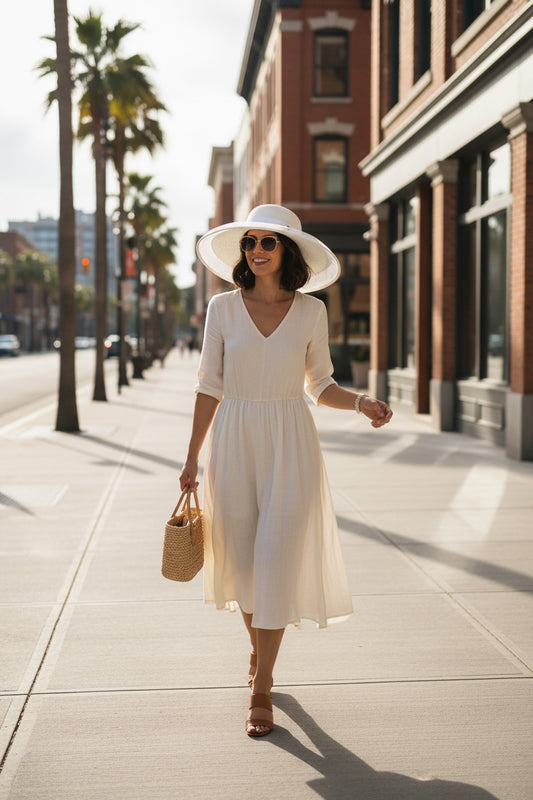 White sun hat with a bee emblem on a beige surface