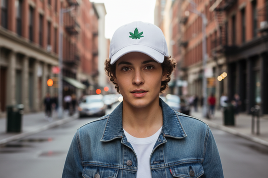 This image displays two baseball caps, one black and one white, each featuring a prominently embroidered green leaf on the front. The caps are made of cotton and have adjustable sizes with a depth of 11 cm and a brim of 7.