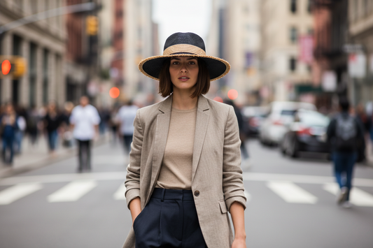A black straw hat with a flat top and a big brim featuring a raw edge design. It has a beige band around the base of the crown.