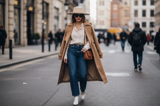 Beige hat with pearl and gold chain accessory on a white background