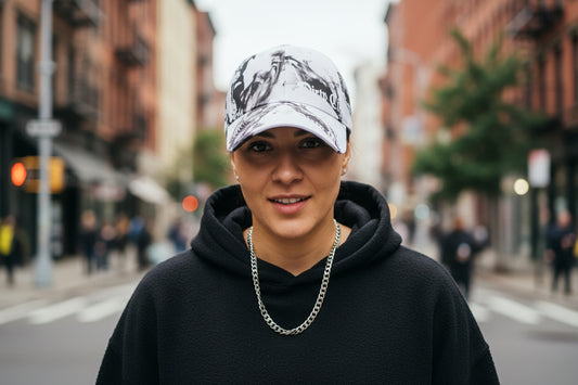 White cap with black text and design on a white background