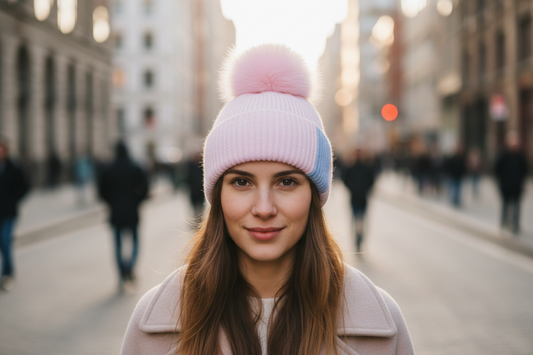 Pink and blue knit beanie with a fluffy pink pom-pom on a light gray background