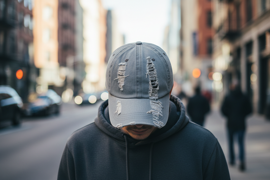 Three denim baseball caps with distressed details, in blue, black, and a combination of black and blue colors.