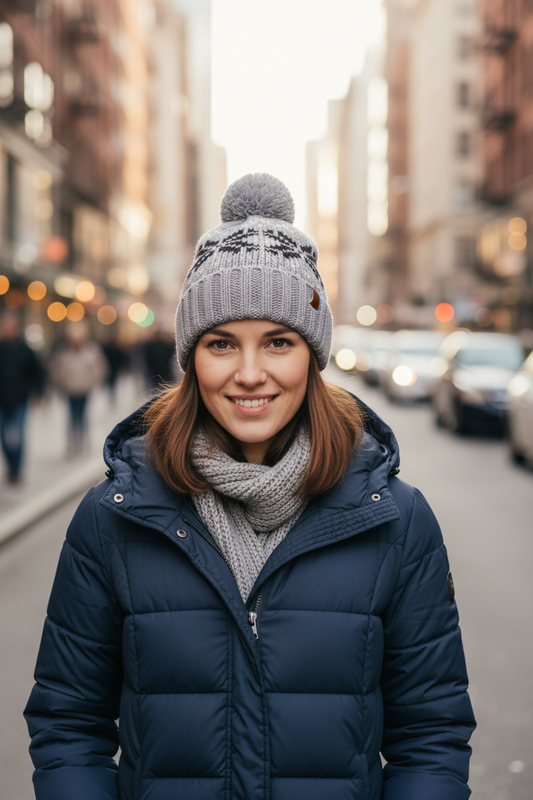 A knitted hat with a snowflake pattern and a pom-pom on the top, primarily in gray color with black geometric patterns.