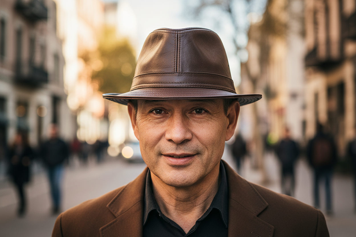 A black cowhide hat with big eaves suitable for men and women on the street.