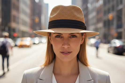 A beige straw hat with a black band around the base.