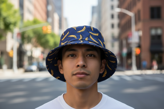 A black fisherman's cap with a yellow banana print