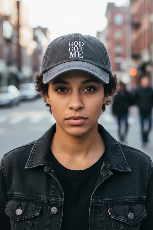 Black cap with 'GOD GOT ME' text on a white background