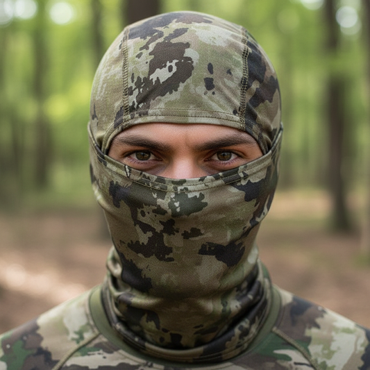 Set of camouflage balaclavas in various patterns on a white background