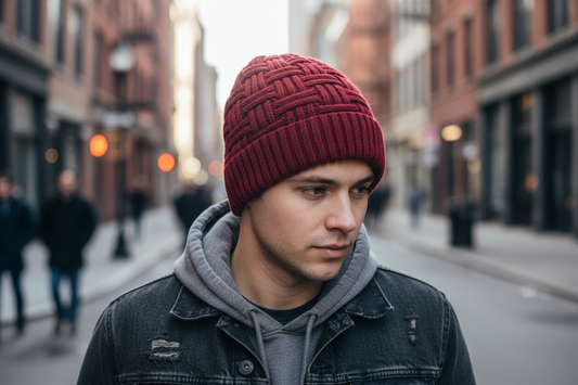 Red knit beanie with braided pattern on a white background