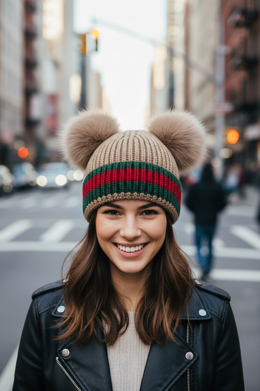 Knitted beanie with two pom-poms and a green and red stripe on a white background