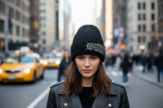 Black beanie with decorative crystals on a white background
