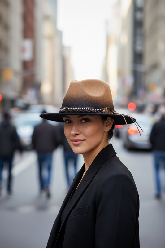 A gray woolen fedora hat with a decorative band.