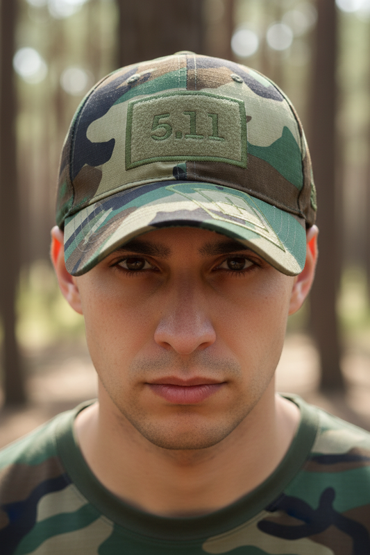 Camouflage baseball cap with visible branding on a white background