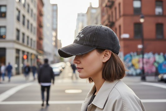 Black denim cap with white text on a white background