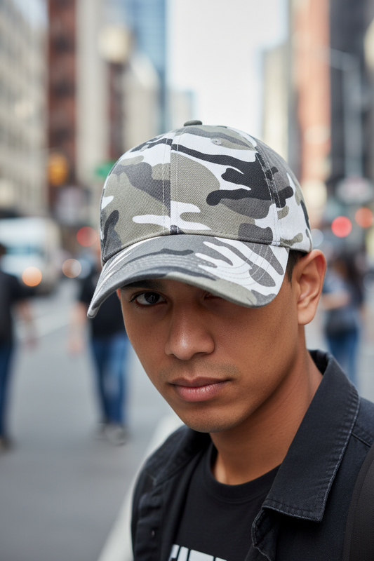 A collection of six camouflage patterned baseball caps in various styles, predominantly in green tones, displayed in two rows.