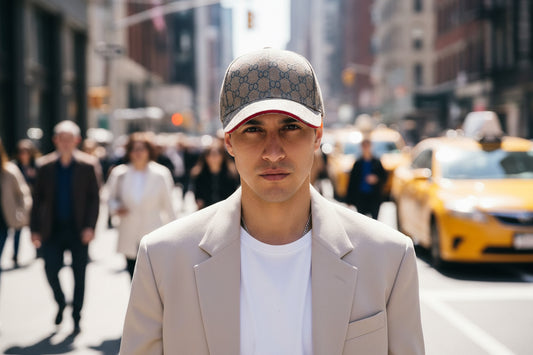 A gold grid patterned baseball cap with a cotton material, designed for women.