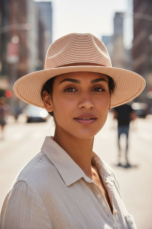 Beige straw hat with a brown band on a white background