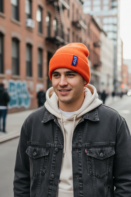 Orange beanie with a blue patch labeled 'STOP' on a white background