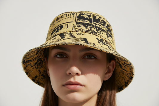 A bucket hat with a geometric pattern, primarily in a beige color, featuring a printing that resembles a newspaper or magazine.