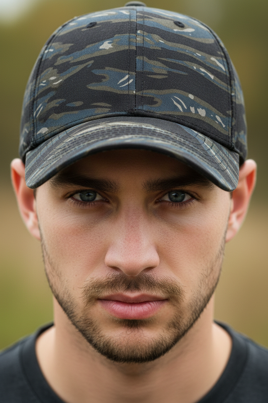 Camouflage-patterned baseball cap on a white background