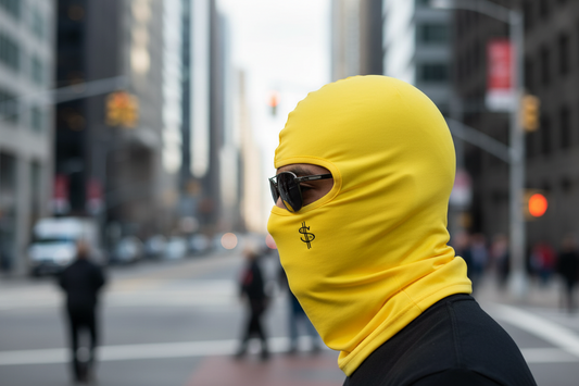 Yellow balaclava with a dollar sign symbol on a white background