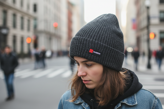 Gray knit beanie with a fashion label on a white background