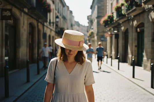 Straw hat with a pink band on a light gray background