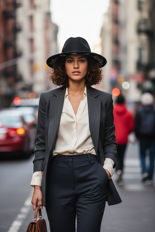Black hat with floral embroidery on a wooden stand against a white curtain background