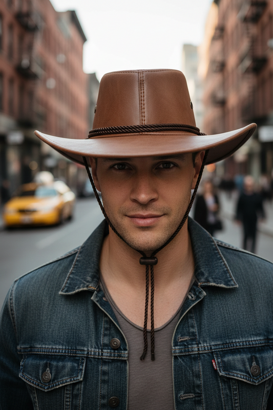 Brown leather cowboy hat with a rope band on a white background
